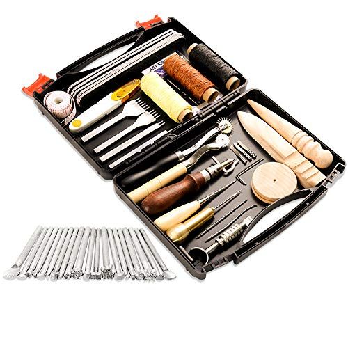 BAGERLA 50 Pieces Leather Working Tools and Supplies with Leather Tool Box Prong Punch Edge Beveler Wax Ropes Needles Perfect for Stitching Punching Cutting Sewing Leathercraft Making