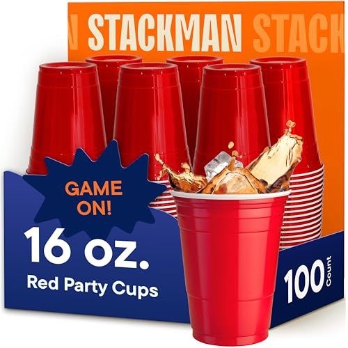 Red Cups - Party Cups - Disposable Plastic Cups [16 oz - 100 Pack] Fun & Durable Party Cups for Drinking & Playing - Bulk Case of 100 Cups, By Stack Man