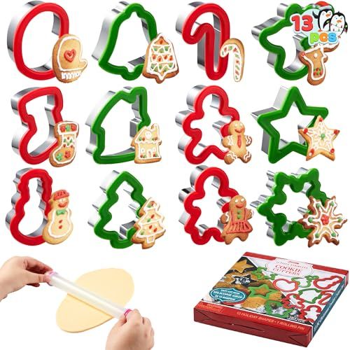 JOYIN 13 PCS Christmas Cookie Cutters in Stainless Steel with 3.5í plus Grip and a Rolling Pin for Xmas Holiday Party Baking Supplies, Snowflake, Gingerbread Cookies Mold and Baking Gift