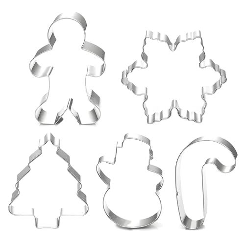 Christmas Cookie Cutter Set - 5 Piece Holiday Cookies Molds - Snowman, Christmas Tree, Gingerbread Man, Candy Cane, Snowflake