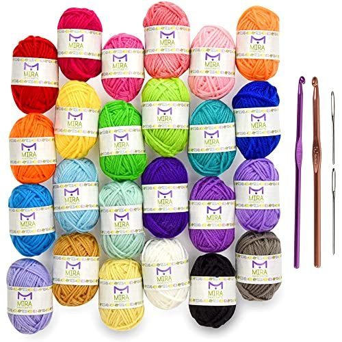 Mira HandCrafts Crochet and Knitting Starter Kit for Colorful Arts and Crafts - 24 Yarn Skeins with 525 Yards of Multicolored Thread, 2 Hooks, 2 Weaving Needles - Make Amigurumi, Scarves, and Throws