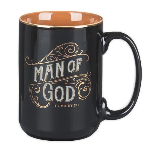 Christian Art Gifts Large Ceramic Inspirational Scripture Coffee & Tea Mug for Men: Man of God Encouraging Bible Verse, Sturdy Golden, Non-toxic Novelty Hot/Cold Beverage Cup, Black & Brown, 14 oz.