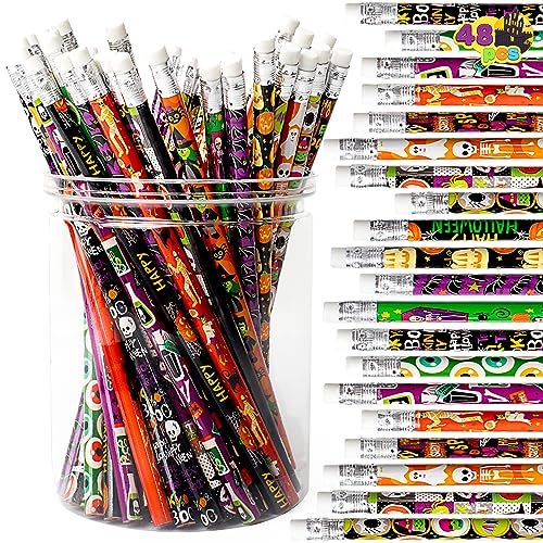 JOYIN 48PCS Halloween Pencils Bulk with Eraser, Colorful Fall Pencil Assortment, 12 Design Halloween Themed Stationery Set for Kid Girl Boy Trick or Treating Party Favor Supplies, Classroom Gift Prize