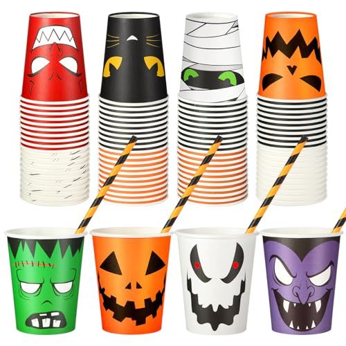 Yungyan 80 Pcs Halloween Disposable Paper Cups with Paper Drinking Straws Bulk 9 oz Pumpkin Cups Mummy Ghost Cat Cartoon Cups for Hot Cold Drinks Kids Halloween Party Birthday Party