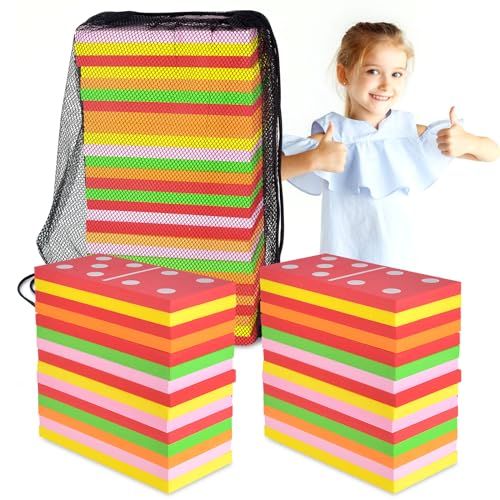 DLUGOPIS 28 Pieces Giant Lawn Dominoes Large Colorful Dominoes with a Mesh Bag Double 6 Dominoes Set Jumbo Foam Dominoes Juegos Gigantes para Patio Oversized Dominoes Set for Adults Outdoor Game