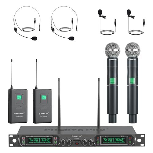 Phenyx Pro Wireless Microphone System, 4-Channel UHF Wireless Mic Set with Handheld/Bodypack/Headset/Lapel Mics, Fixed Frequency Metal Cordless Microphone for Church,Singing,DJ(PTU-5000-2H2B)
