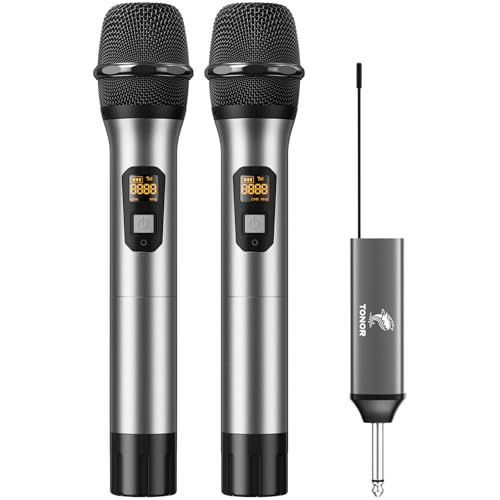 TONOR Wireless Microphones, UHF Dual Cordless Metal Dynamic Mic System with Rechargeable Receiver, for Karaoke Singing, Wedding, DJ, Party, Speech, Church, Class Use, 200ft TW630 Silver