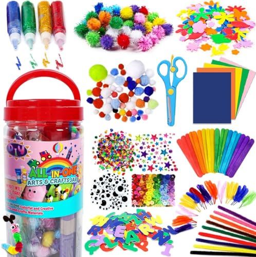 FUNZBO Arts and Crafts Supplies for Kids - Craft Kit with Glitter Glue Stick, Pipe Cleaners Pom Poms Craft & Craft Tools, DIY School Supplies Kit, Girls Toys, Birathday Gifts for Girls Boys Age 4+
