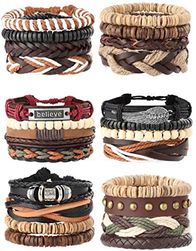 MILACOLATO 26Pcs Woven Braided Leather Bracelet for Men Women Hemp Cords Wood Beads Cuff Bracelets Adjustable Black White
